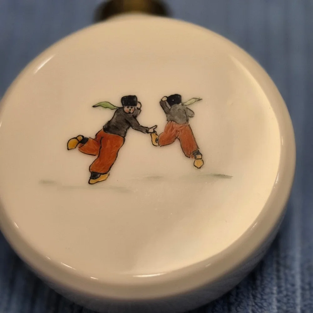 Vintage Dutch Scene Porcelain Disc Ornament Hand Painted Ceramic Ice Skating